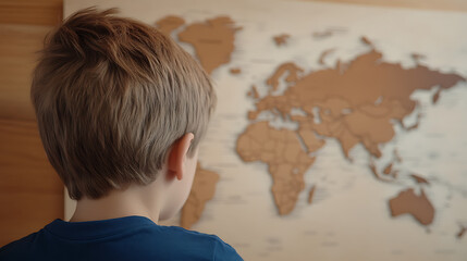Young explorer gazing at the world map, dreaming of faraway lands and adventures. The world is a book and those who do not travel read only one page. #travel #exploration