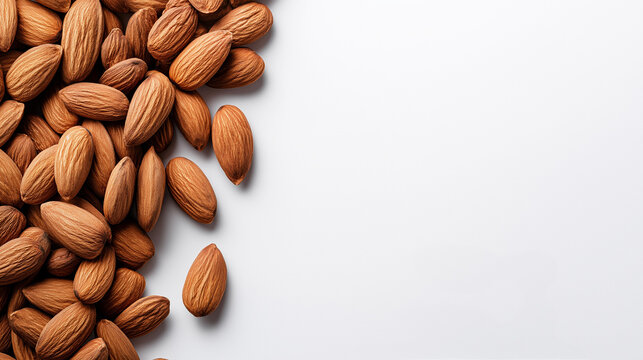 Fresh almonds laying on a white background, offering a natural border and ample copy space. Representing healthy eating and plant based nutrition - Powered by Adobe