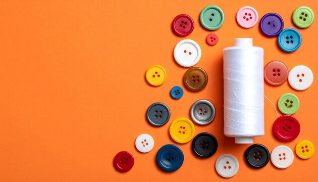 Spool of white thread and assorted colorful buttons—arranged on orange background