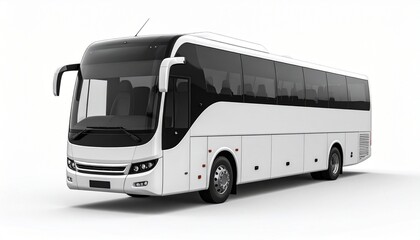 A sleek white coach bus with tinted windows and aerodynamic design, positioned against a plain background to highlight its modern features.