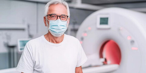 Older patient with grey hair and glasses smiling behind a surgical mask, awaiting a medical imaging examination