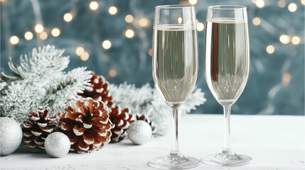 Champagne flutes standing on a white table with snowy pine branches, pine cones, and silver ornaments during holiday celebration
