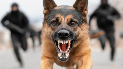 German shepherd dog showing aggressive teeth and snarling, running directly at viewer with two blurred people fleeing behind