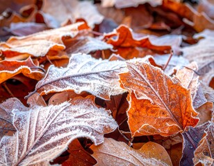 Close-up view of autumn leaves, covered in frost, displaying seasonal colors and textures