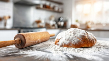 Rolling pin resting near a mound of raw dough covered in white flour on a dark kitchen table ready for baking