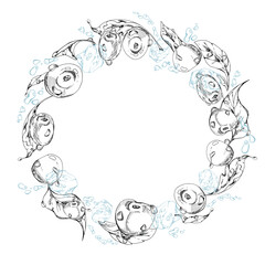 Sweet cherry cerise flying in water splashes drops ice cubes, hand drawn vector ink, ripe line garden berry leaves. Circle wreath frame illustration. Restaurant cafe menu, farmers market, wedding