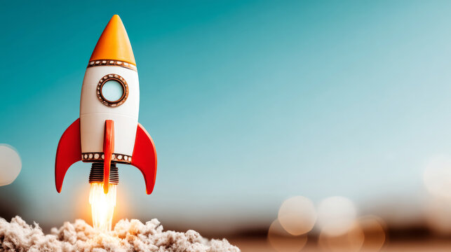 White and red rocket taking off from a cloud of smoke, illustrating concepts of new beginnings, innovation, and venture launch - Powered by Adobe