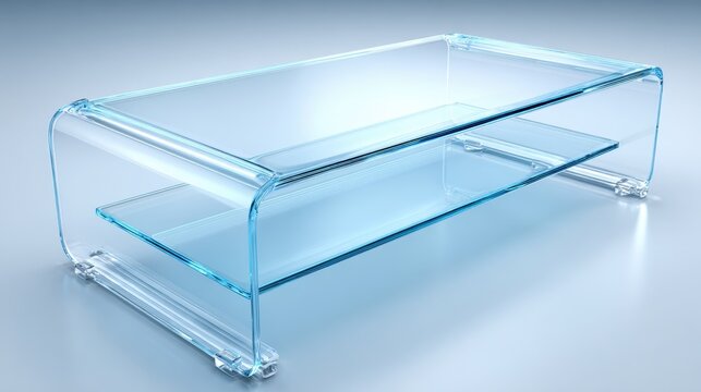 A contemporary transparent acrylic coffee table featuring two distinct shelves is presented in a clean, well lit studio environment. The smooth, curved design reflects light beautifully.