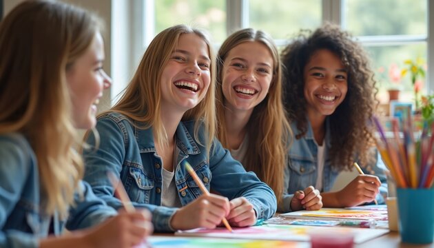 Four diverse teen girls enjoy art class. They smile and laugh while working on creative projects. Friendship and joy are key elements. This photo is suitable for educational materials.