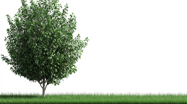 Single lush green tree standing on a patch of grass against a clean white background, symbolizing nature and growth - Powered by Adobe