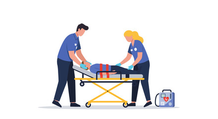 Paramedics attend to an injured patient on a stretcher providing emergency medical care. © Jepry