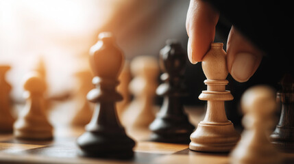 Hand moving a bishop chess piece on chessboard, symbolizing strategy, business decision making, and challenge