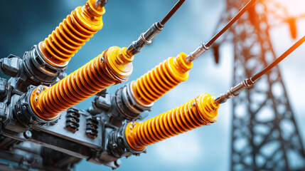 Electrical insulators connecting power lines on a substation providing high voltage energy transmission and distribution