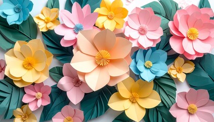 Colorful paper flower arrangement with vibrant colors and textured leaves for art decor