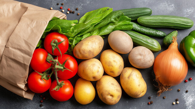 Paper bag with fresh produce, including ripe tomatoes, potatoes, cucumbers, and onions, on a dark textured background - Powered by Adobe