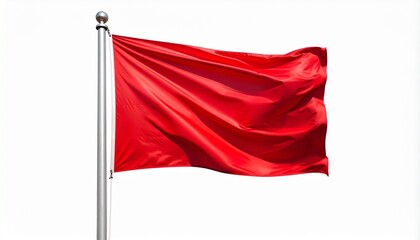 Solid red flag waving on silver pole against plain white background