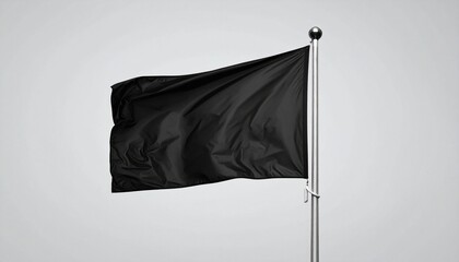 Solid black flag waving on pole against neutral gray background
