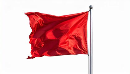 Solid red flag waving on silver pole against plain white background