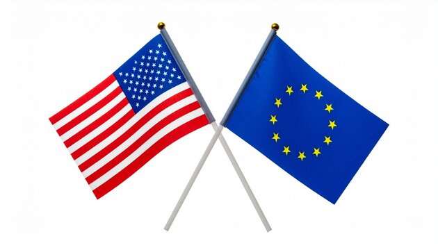 Crossed flags of the United States and European Union—set against neutral background
