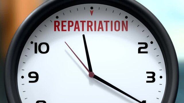 Repatriation that is going to happen soon. Upcoming repatriation, approaching in the near future. Repatriation almost here, in a short time - a clock symbolizes a reminder that repatriation is near.