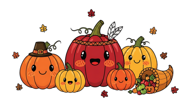A cartoon illustration of pumpkins and a cornucopia for thanksgiving day decoration design element