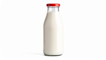 A clear glass milk bottle with a red cap, standing upright against a plain white background, evoking freshness and simplicity.