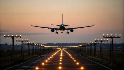 Dramatic airplane landing approach at dusk with runway lights shining bright