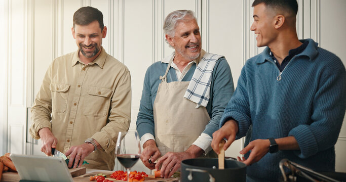 Grandfather, men and cooking in kitchen with tablet for online recipe, support or thanksgiving dinner. Happy, old man and family in home with tech for holiday meal prep, digital food app and bonding. - Powered by Adobe