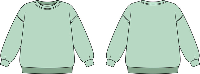 Oversized sweatshirt flat sketch vector, unisex crewneck pullover CAD drawing, baggy sweater fashion template, apparel design illustration © Crative Artist
