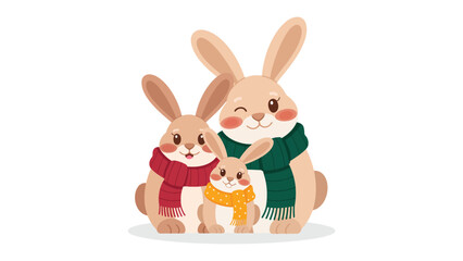 Cozy Bunny Family Portrait: A charming illustration depicts a family of adorable bunnies, bundled up in cozy scarves, radiating warmth and affection against the simple background.
