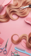 Champagne Pink S‑Wave Hair Banner with Pastel Salon Tools, Vertical Poster, Copy Space