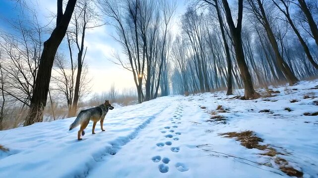 Dog pawprints leading into snow forest, implied story, minimalist winter serenity, cinematic solitude.