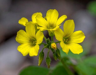 Close-up view of bright yellow flowers with delicate petals and green buds on a stem