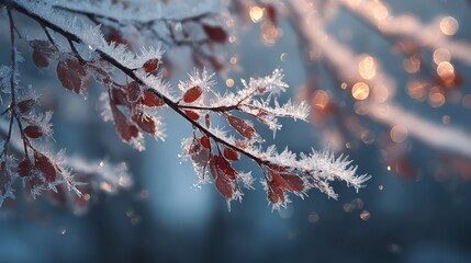 Stunning frost-covered branches with delicate leaves sparkle in soft sunlight against a blurred background