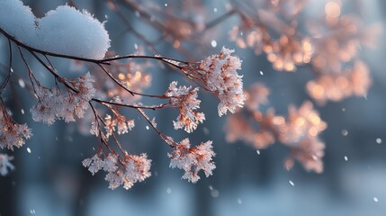 Stunning winter scene of frosted branches with delicate ice crystals and soft bokeh lights, perfect for seasonal designs