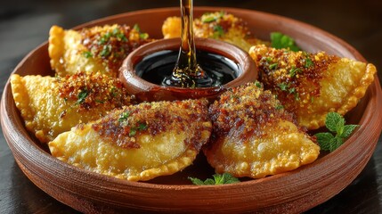 Golden fried pierogi with savory topping and dipping sauce, perfect for culinary delights and restaurant menus