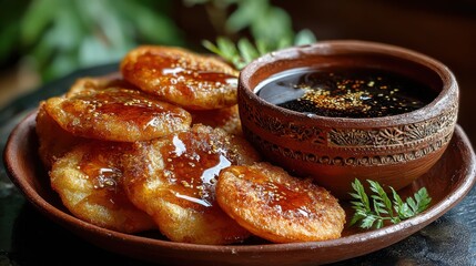 Golden fried savory pancakes with sesame seeds and a rich dipping sauce, perfect for a culinary delight