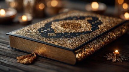 Exquisitely detailed antique book with gold embellishments and soft candlelight creating a warm, inviting atmosphere
