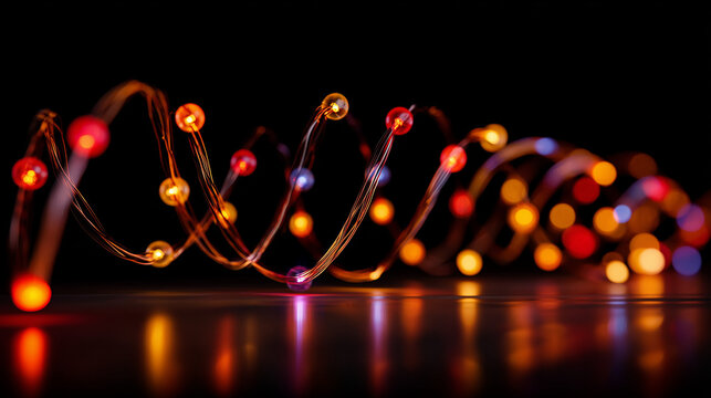Photorealistic colorful Christmas string lights in spinning motion with glowing bulbs twisting mid-air, light trails and reflections on dark festive background - Powered by Adobe