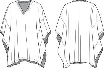 Stylish women poncho top flat fashion sketch, V neck loose blouse vector, apparel CAD drawing clothing design template illustration