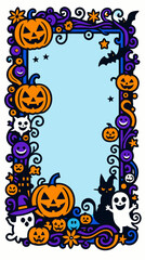 Vertical Halloween border design with pumpkins bats ghosts and stars showcasing festive spooky cartoon decorations perfect for holiday invitation or card