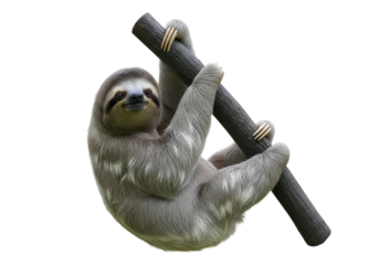 Charming Gray Sloth Hanging from a Branch with a Gentle Smile, Looking Directly at Camera, an Adorable Wildlife Creature isolated on transparent background