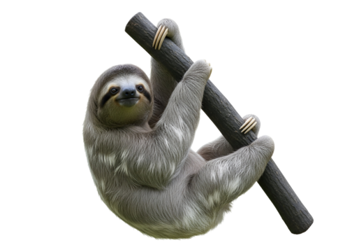 Charming Gray Sloth Hanging from a Branch with a Gentle Smile, Looking Directly at Camera, an Adorable Wildlife Creature isolated on transparent background - Powered by Adobe