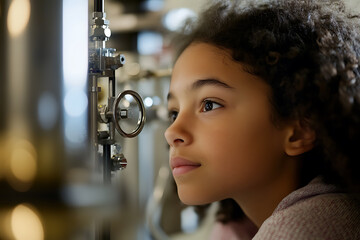 A young girl with curly hair gazes with curiosity at a complex system of metal pipes and valves in a laboratory setting, her face reflecting wonder at the intricate machinery.
