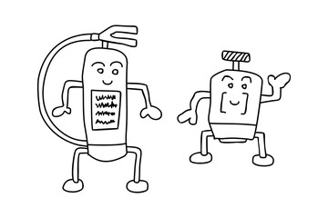 This is a doodle art vector image of a dynamo and fire extinguisher icon, suitable for icon design, logo, content, mascot, coloring, idea, concept, electronics, poster, banner, flyer, t-shirt, unique,