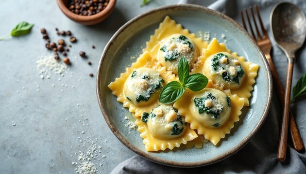 Fresh ravioli pasta filled with creamy spinach, ricotta cheese served on plate. Garnished with fresh basil leaf, grated parmesan. Delicious Italian food dish ready for gourmet lunch dinner. Healthy
