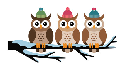 Owls on Wintery Branch: Adorable trio of owls perches on a snow-covered branch. Each owl sporting a colorful winter hat. capturing the coziness of a winter day.
