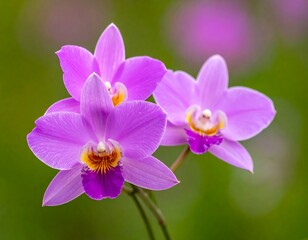 Fototapeta premium Close-up of vibrant purple orchids with yellow accents against a blurred green background