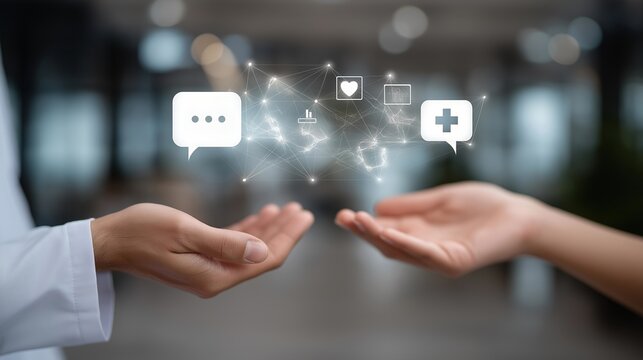 A modern infographic-style image showing two-way communication between a doctor and a patient through speech bubbles, icons, and digital data flow, symbolizing clarity, empathy, and effective