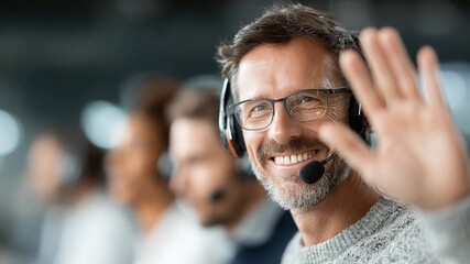 Cheerful Assistance: A supportive call center employee, wearing a headset, extends a welcoming hand, radiating warmth and offering help. Capturing the spirit of excellent customer service. - Powered by Adobe